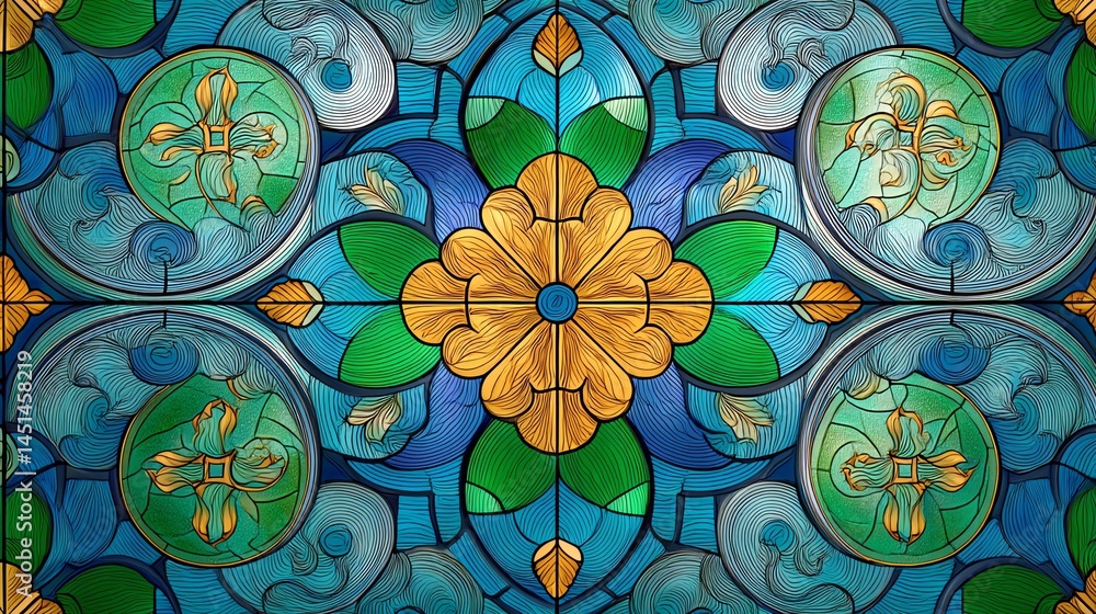Colorful stained glass window design featuring floral patterns.