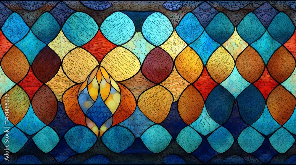 Colorful stained glass design with intricate geometric patterns.