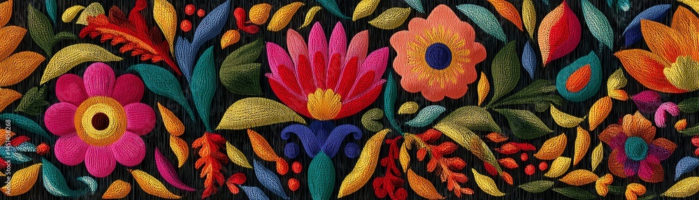 Colorful floral pattern with vibrant flowers and leaves on a dark background.