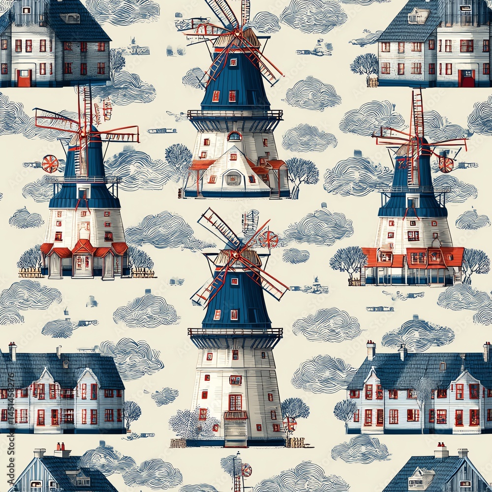 Colorful windmill and house patterns on a textured background.