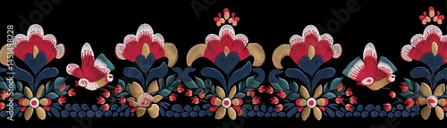 Obraz na płótnie Colorful floral border design with butterflies on a dark background. w salonie