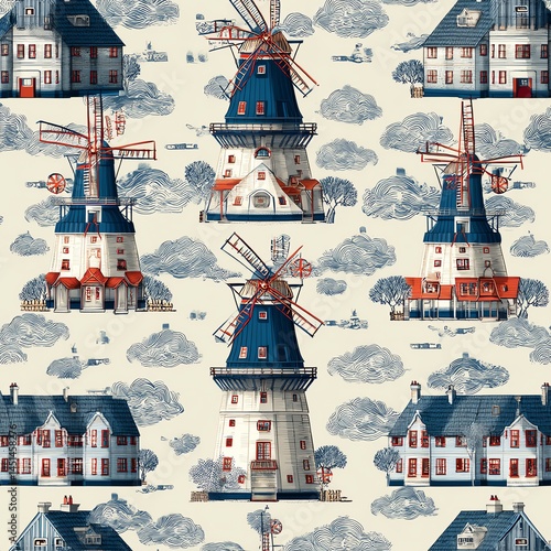 Obraz na płótnie Colorful windmill and house patterns on a textured background. w salonie