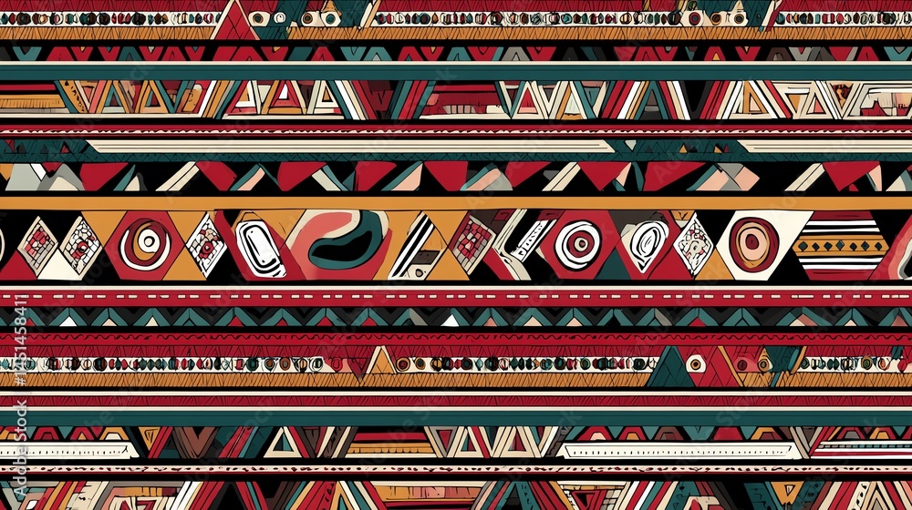 Colorful geometric tribal pattern with shapes and vibrant hues on a textured surface.