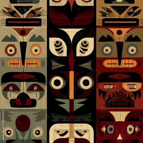 Obraz na płótnie Colorful totem pole art with abstract shapes and patterns on a dark background. w salonie