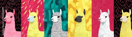 Obraz na płótnie Colorful llamas in vibrant patterns against bold backgrounds. w salonie