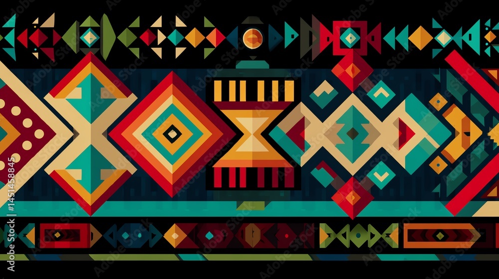 Colorful geometric patterns on fabric, vibrant design, artistic textile background.