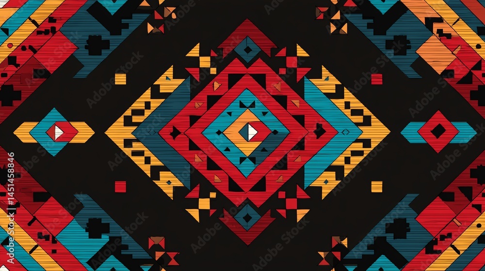 Colorful geometric pattern on black background, vibrant tribal art, creative design.