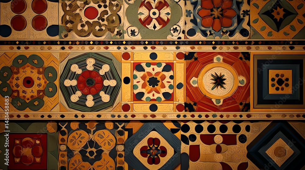 Decorative tiles with geometric patterns and vibrant colors, artistic design background.