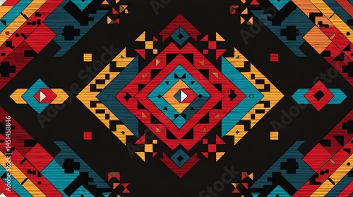 Obraz na płótnie Colorful geometric pattern on black background, vibrant tribal art, creative design. w salonie