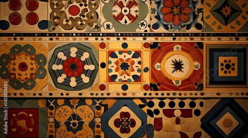 Obraz na płótnie Decorative tiles with geometric patterns and vibrant colors, artistic design background. w salonie