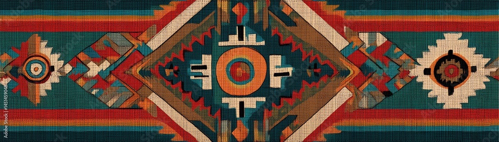 Colorful geometric pattern design, intricate details, cultural textile art.