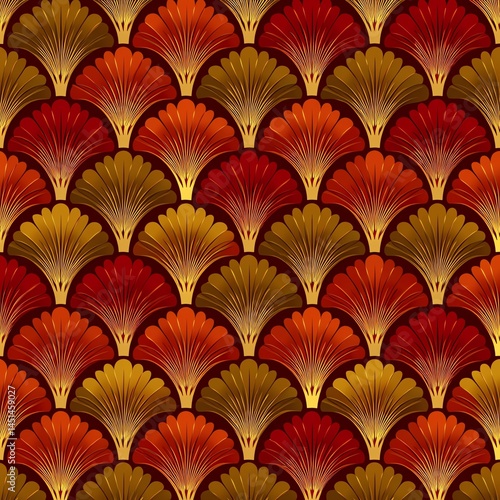 Colorful shell pattern design with vibrant hues on a dark background.