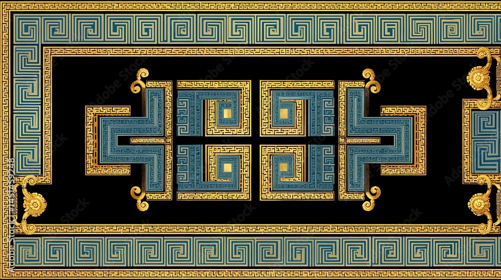 Decorative pattern with intricate designs in gold and blue on a black background.