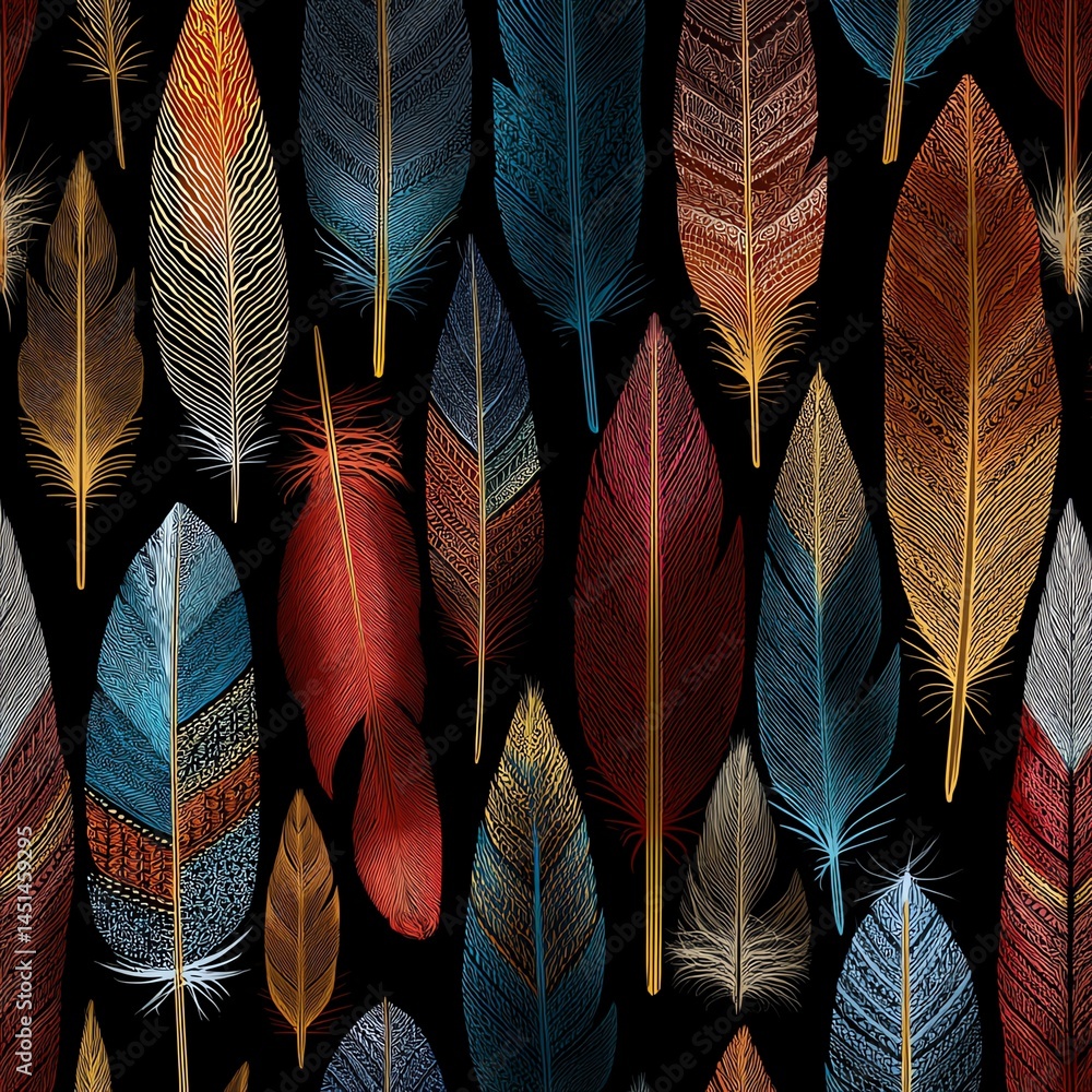 Colorful feathers with intricate designs on a dark background.