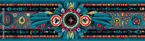 Obraz na płótnie Colorful tribal pattern with feathers and geometric shapes on a vibrant background. w salonie