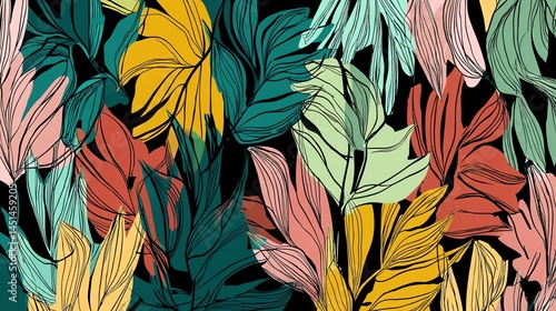 Colorful tropical leaves pattern on a dark background, nature-inspired design.