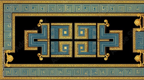 Obraz na płótnie Decorative pattern with intricate designs in gold and blue on a black background. w salonie