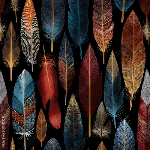 Obraz na płótnie Colorful feathers with intricate designs on a dark background. w salonie