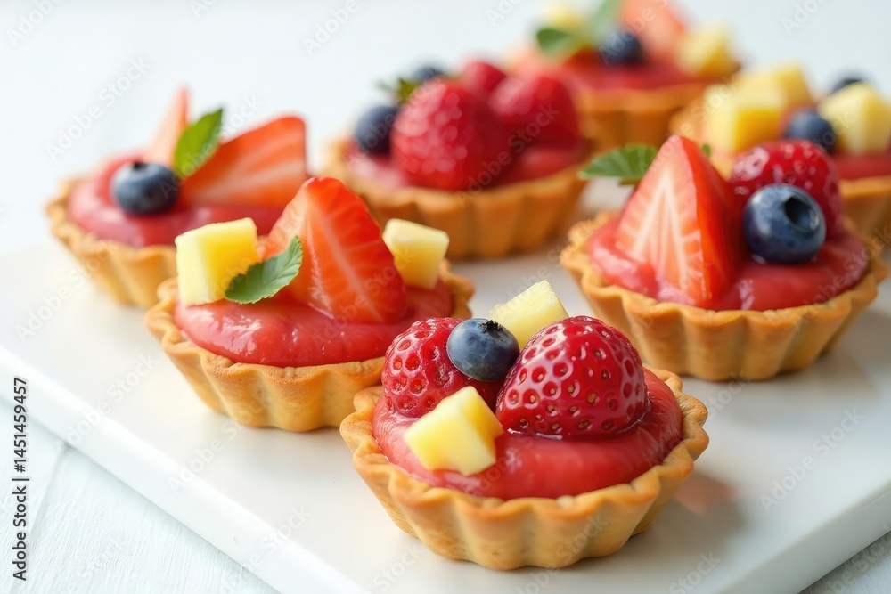 Assorted pastries, fruit tarts, on white surface , vanilla, commercial Assorted pastries, fruit tarts, on white surface , vanilla, commercial