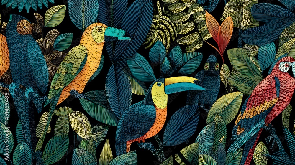 Colorful tropical birds among vibrant green leaves, artistic illustration.