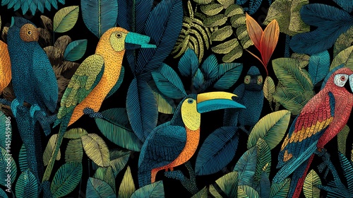 Obraz na płótnie Colorful tropical birds among vibrant green leaves, artistic illustration. w salonie