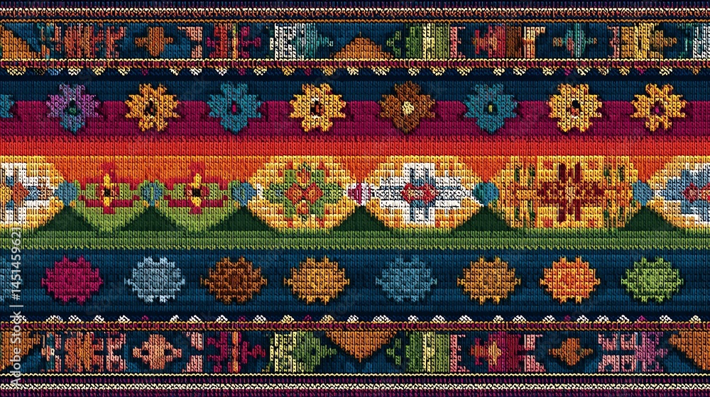 Colorful traditional fabric pattern, intricate design on black background.