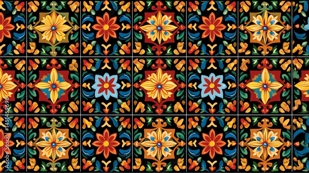 Colorful floral tile pattern, vibrant design on black background.