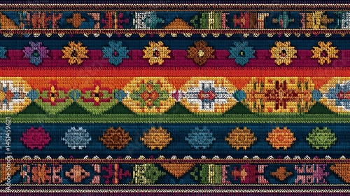 Obraz na płótnie Colorful traditional fabric pattern, intricate design on black background. w salonie