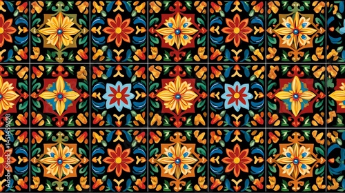 Obraz na płótnie Colorful floral tile pattern, vibrant design on black background. w salonie