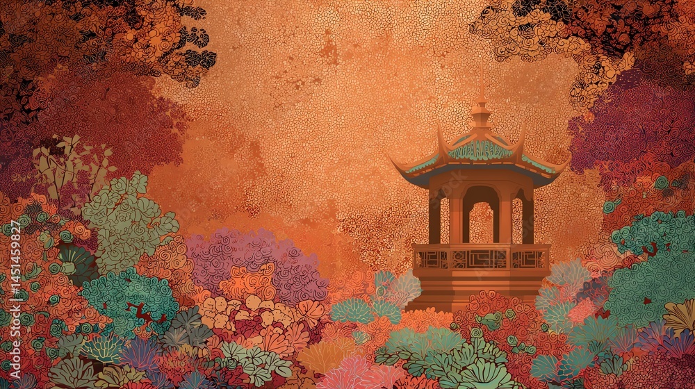 Colorful pagoda surrounded by vibrant flowers and foliage on a textured background.