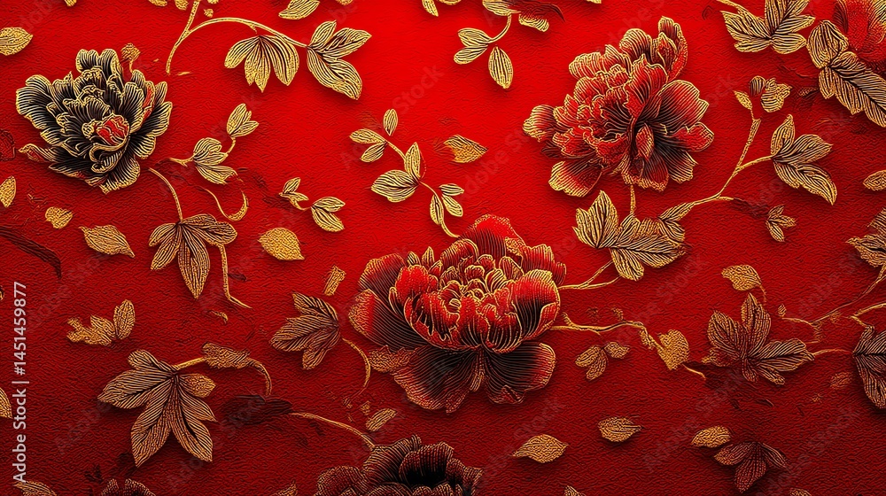 Colorful floral pattern on a vibrant red background.