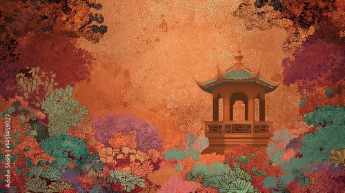Obraz na płótnie Colorful pagoda surrounded by vibrant flowers and foliage on a textured background. w salonie