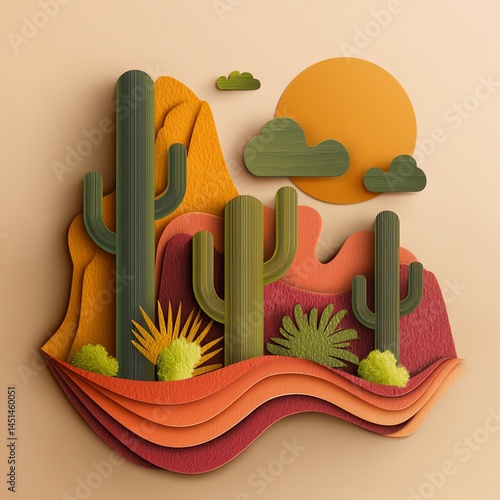 Obraz na płótnie Colorful paper landscape with cacti and sunset, vibrant art piece on beige background. w salonie