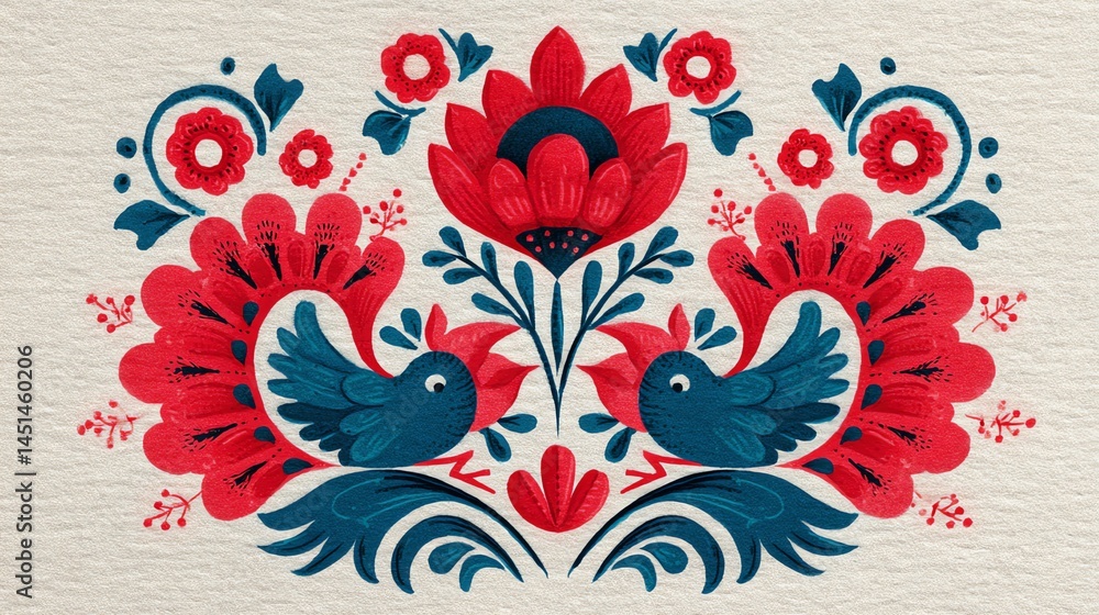 Colorful folk art design featuring birds and flowers on a textured background.