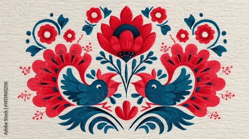 Obraz na płótnie Colorful folk art design featuring birds and flowers on a textured background. w salonie