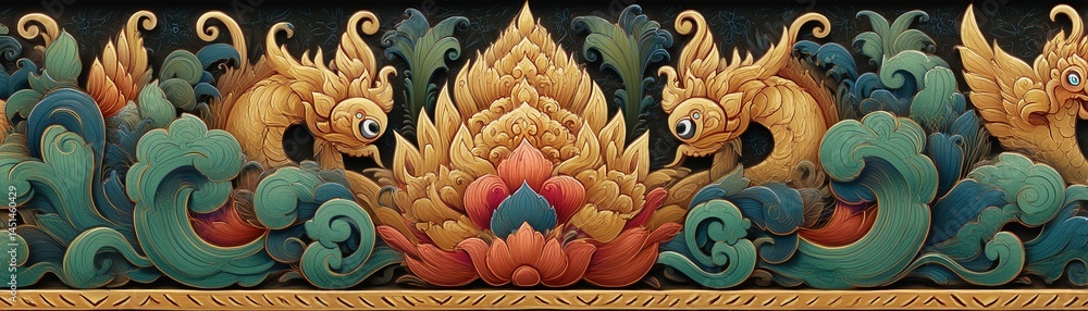 Colorful traditional art with floral and aquatic motifs on a dark background.