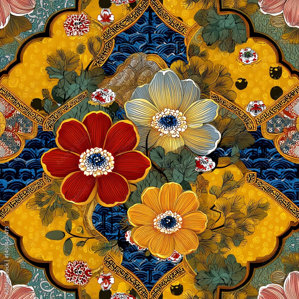 Colorful floral pattern with vibrant flowers and intricate designs.