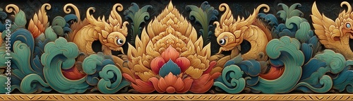 Obraz na płótnie Colorful traditional art with floral and aquatic motifs on a dark background. w salonie