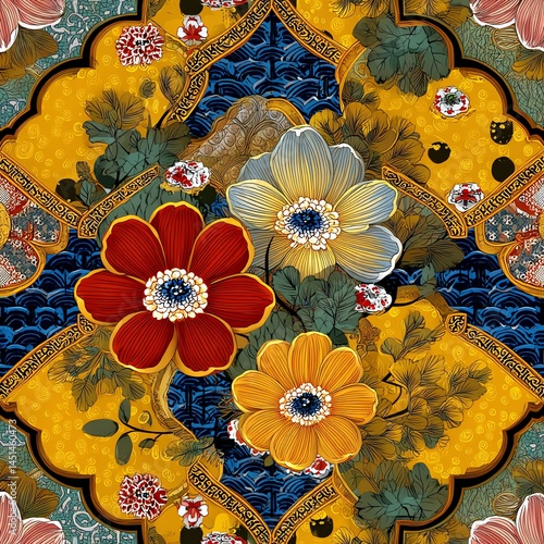 Obraz na płótnie Colorful floral pattern with vibrant flowers and intricate designs. w salonie