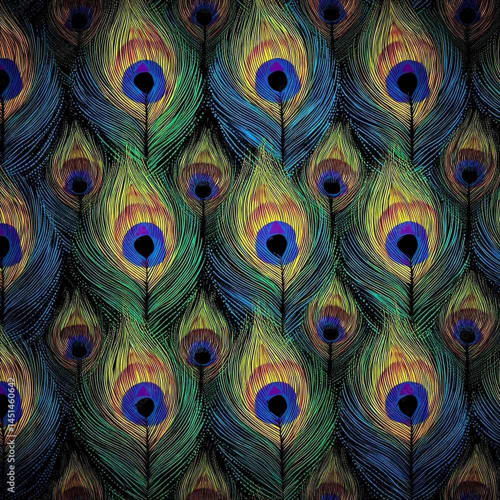 Colorful peacock feather pattern, vibrant and intricate design.