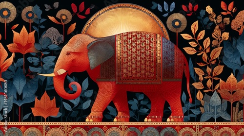 Obraz na płótnie Colorful elephant illustration surrounded by vibrant leaves and flowers. w salonie