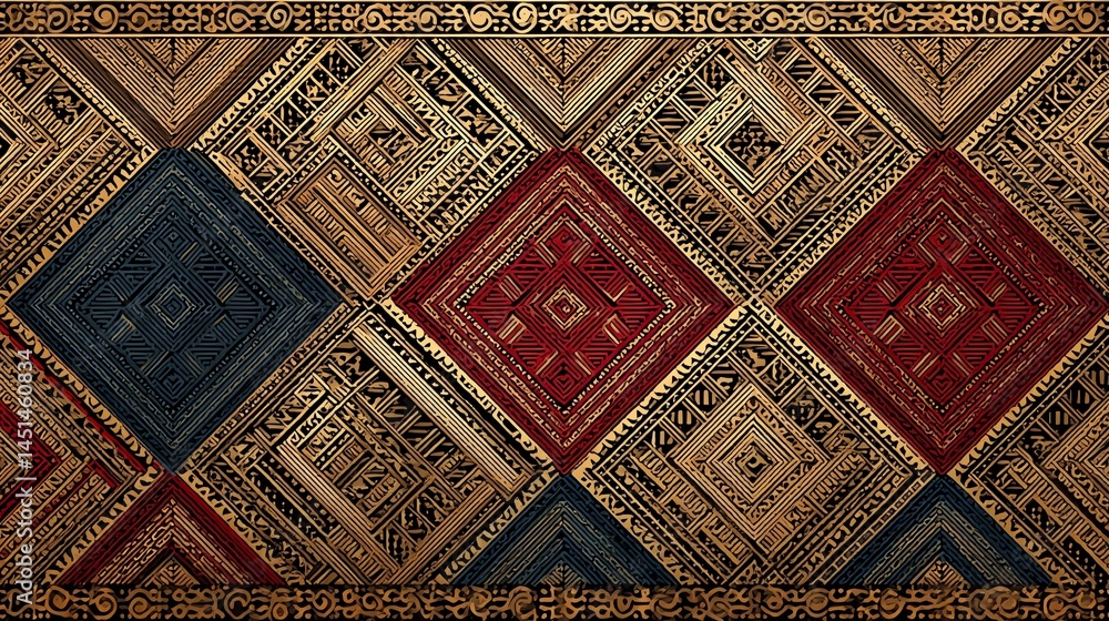 Decorative textile pattern featuring intricate diamond shapes in bold colors.