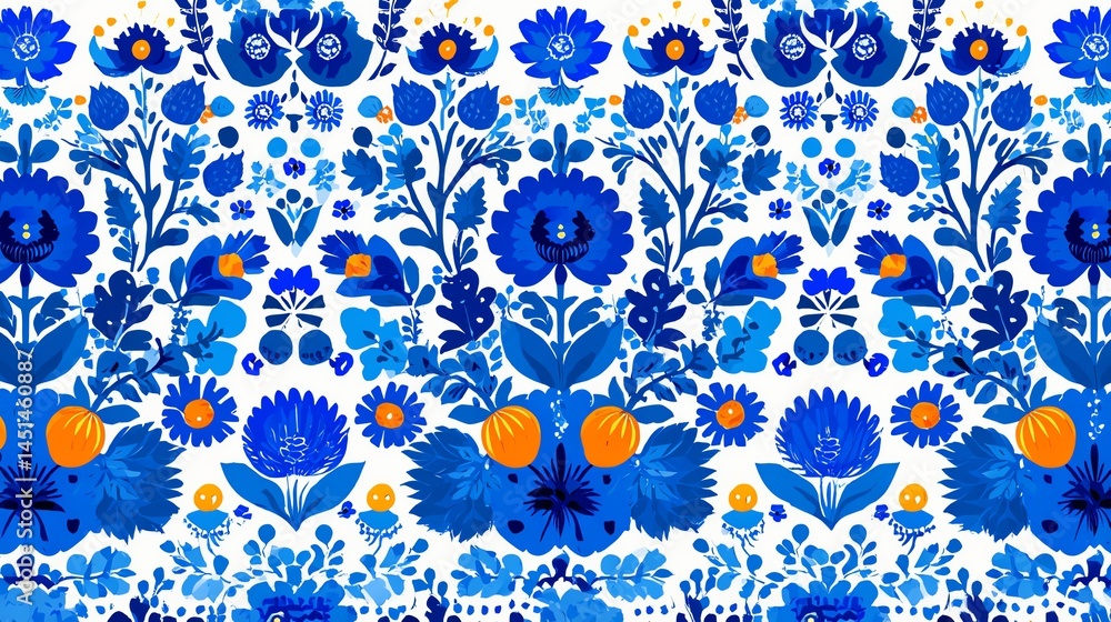 Colorful floral pattern with blue and orange flowers on a white background.