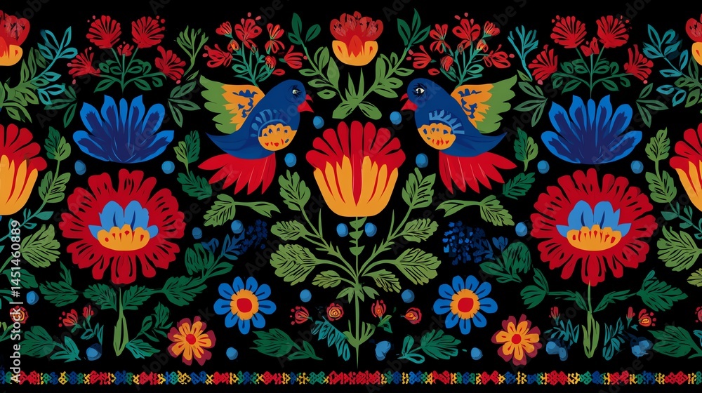 Colorful folk art pattern featuring flowers and birds on a black background.