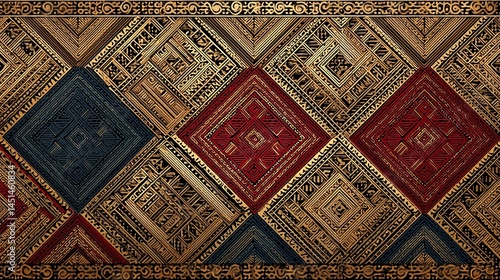 Obraz na płótnie Decorative textile pattern featuring intricate diamond shapes in bold colors. w salonie
