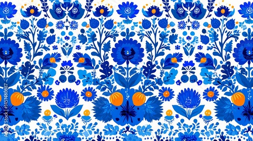 Obraz na płótnie Colorful floral pattern with blue and orange flowers on a white background. w salonie