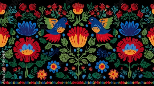 Obraz na płótnie Colorful folk art pattern featuring flowers and birds on a black background. w salonie