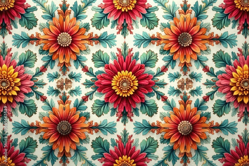 Intricate floral textile design, repeating motif, chrysanthemum, fabric, flower Intricate floral textile design, repeating motif, chrysanthemum, fabric, flower