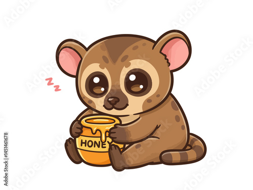 A Charming Vector Illustration Features A Stylized Aye Aye Character In A Seated Position Gently Embracing A Pot Of Golden Honey Evoking A Feeling Of Sweetness Warmth And Peaceful Contentment