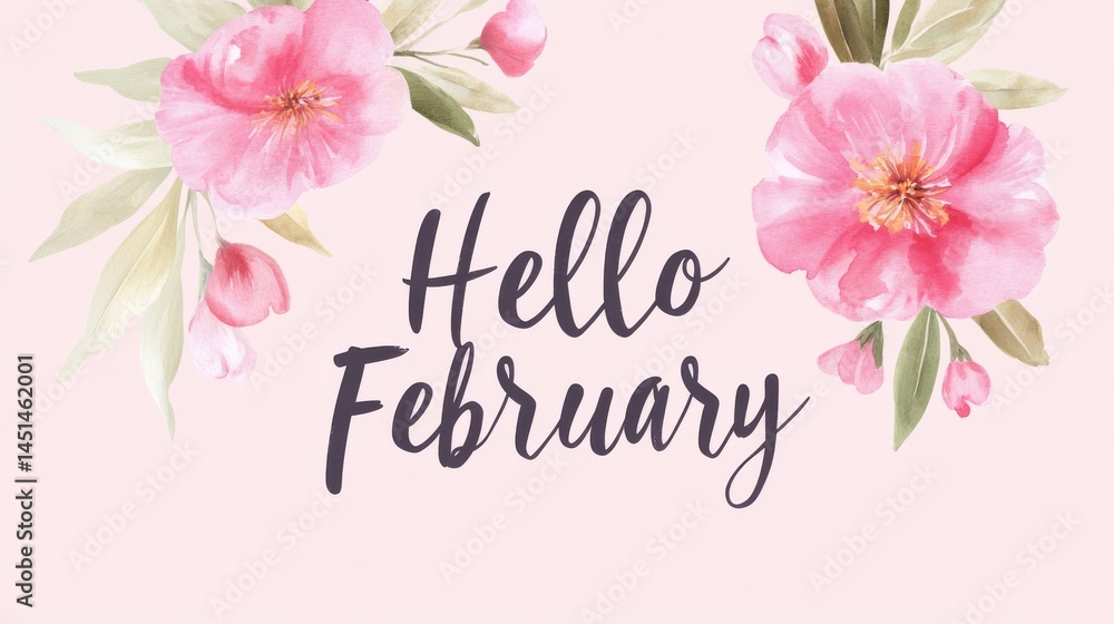 Floral greeting card design, pink background with vibrant flowers, cheerful message for February, ideal for seasonal wishes. Floral greeting card design, pink background with vibrant flowers, cheerful message for February, ideal for seasonal wishes.